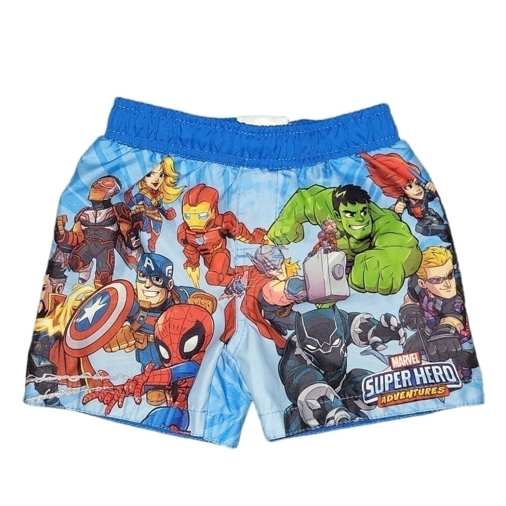5/$25 Marvel superhero size 12 months swimming trunks. Lined on the inside